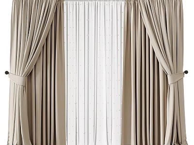 Beige Curtains With Sheer Panels And Tiebacks For Modern Room Decoration 3d model