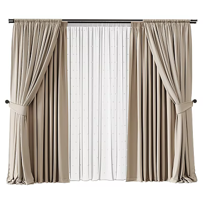 Beige Curtains With Sheer Panels And Tiebacks For Modern Room Decoration 3d model