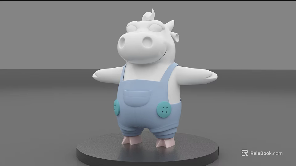 Cute White Cow Doll With Blue Overalls Blue Buttons Standing On Black Base 3d model 