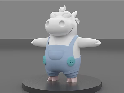 Cute White Cow Doll With Blue Overalls Blue Buttons Standing On Black Base 3d model