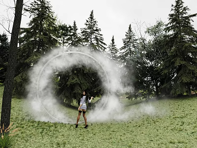 Photo Check-in Spot With Foggy Ring On Grassland Surrounded by Trees And Standing Person 3d model