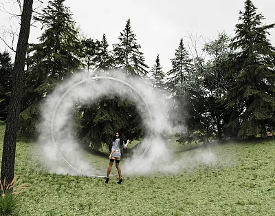 Photo Check-in Spot With Foggy Ring On Grassland Surrounded by Trees And Standing Person 3d model