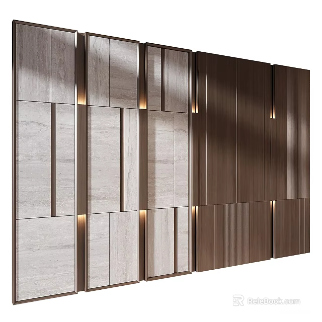 Modern Accent Wall Design With Spliced Wooden And Stone Panels And Embedded Lighting 3d model 