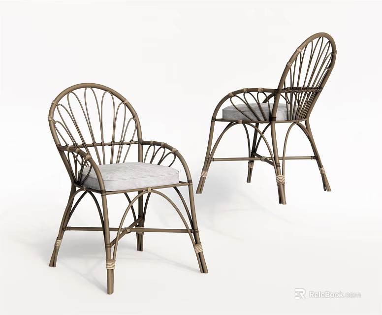Rattan Leisure Chairs With Curved Frame And Light Gray Cushions For Outdoor Use 3d model 