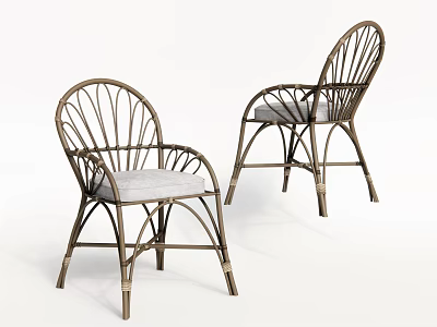 Rattan Leisure Chairs With Curved Frame And Light Gray Cushions For Outdoor Use 3d model