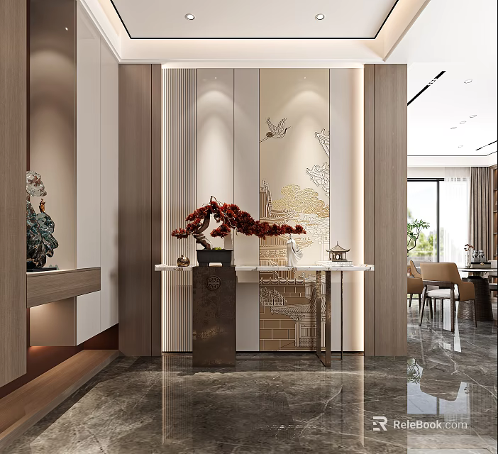 Elegant Modern Foyer Hallway Design With Console Table Red Floral Arrangement Wall Art And Marble Flooring 3d model 