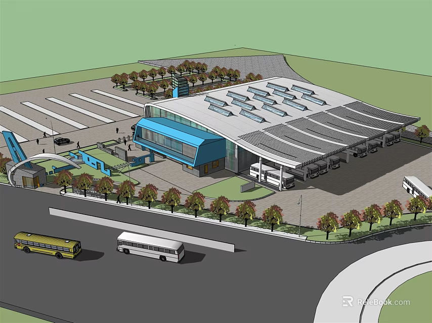 Modern Transportation Hub Building With Blue Roof Parking Area Buses And Trees 3d model 