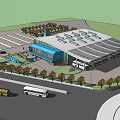 Modern Transportation Hub Building With Blue Roof Parking Area Buses And Trees