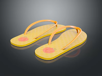Yellow Flip Flops with Orange Straps and Pink Pattern on Sole 3d model