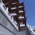 Traditional Chinese Multi Tiered Tower With Ornate Eaves Red Roofs And White Railings