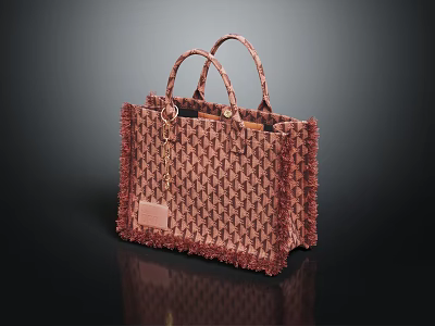 Brown And Beige Woven Tote Bag With Fringed Edges And Leather Patch 3d model