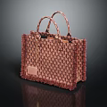 Brown And Beige Woven Tote Bag With Fringed Edges And Leather Patch