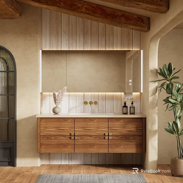 Natural Wooden Bathroom Vanity With Drawers Countertop Mirror Lighting And Green Plant 3d model 