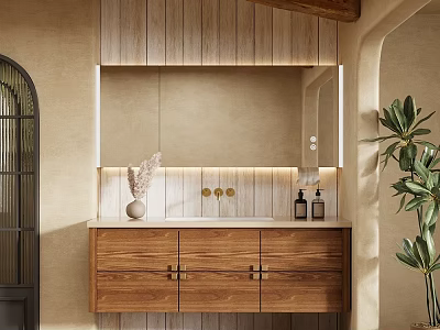 Natural Wooden Bathroom Vanity With Drawers Countertop Mirror Lighting And Green Plant 3d model