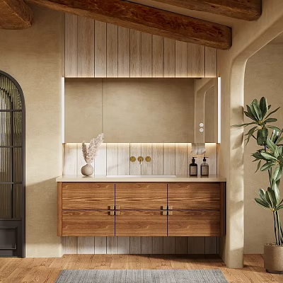 Natural Wooden Bathroom Vanity With Drawers Countertop Mirror Lighting And Green Plant 3d model