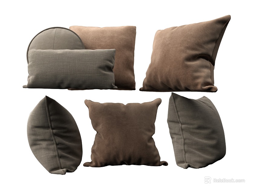 Soft Brown And Gray Textured Decorative Throw Pillows In Various Shapes 3d model 