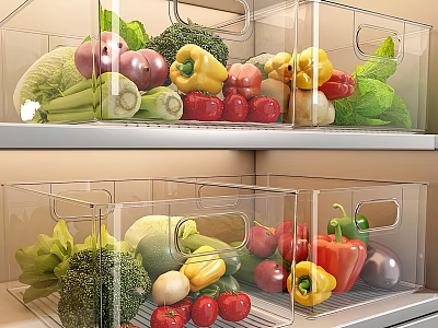 Neatly Organized Fresh Vegetables in Transparent Storage Containers On Kitchen Shelves 3d model