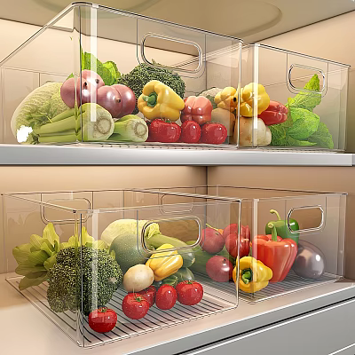 Neatly Organized Fresh Vegetables in Transparent Storage Containers On Kitchen Shelves 3d model