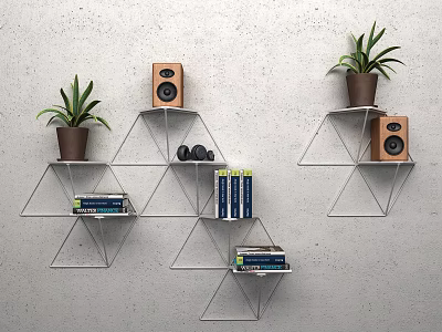 Triangular Metal Wall Shelves With Potted Plants Speakers Books And Headphones On Gray Wall 3d model