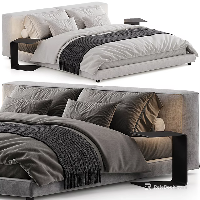 Elegant Double Bed with Soft Gray Bedding Multiple Pillows and Wooden Side Nightstand 3d model 
