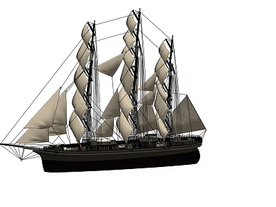 Classic Multi Mast Sailing Ship with Unfurled White Sails and Rigging 3d model