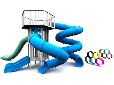 Outdoor Playground Equipment With Blue Spiral Slides Green Slide And Railing Platform 3d model