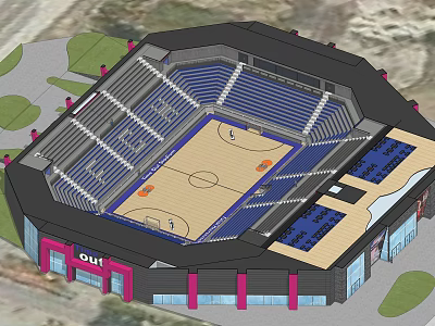 Modern Basketball Arena Design with Blue Seating and Basketball Court Layout 3d model