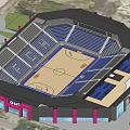 Modern Basketball Arena Design with Blue Seating and Basketball Court Layout