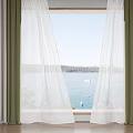 Green And White Layered Curtains With Light Sheer Fabric Open Window Sea View