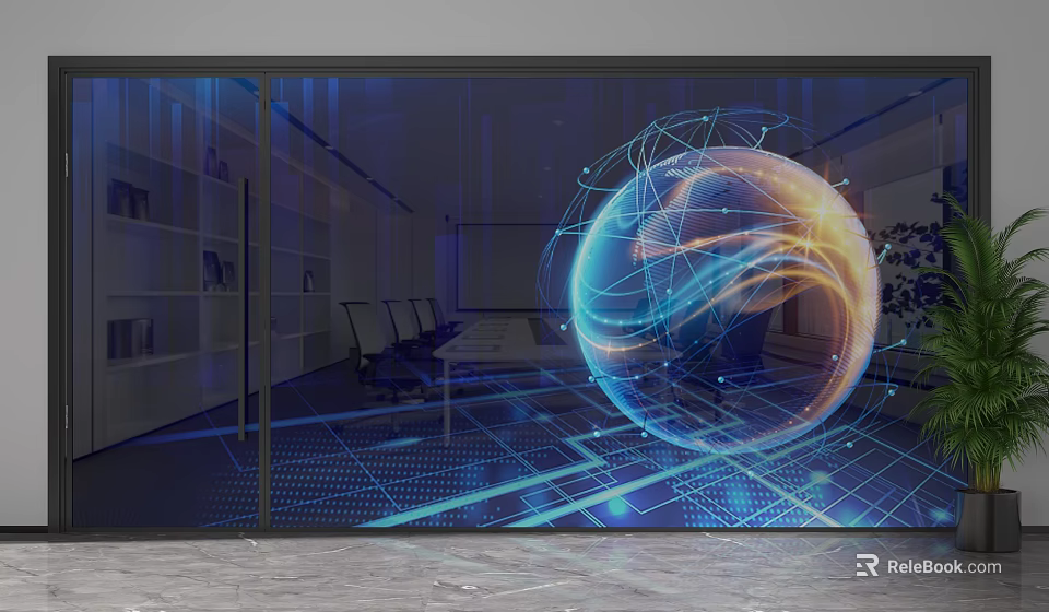 Modern Office Glass Partition With Digital Globe Network Lines And Meeting Area 3d model 
