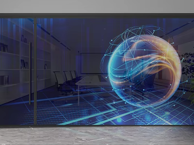 Modern Office Glass Partition With Digital Globe Network Lines And Meeting Area 3d model