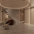 Hotel Lobby Interior With Circular Ceiling Curved Sofa Floor Lamp Marble Floor And Staircase
