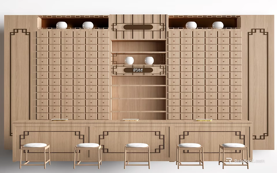 Traditional Chinese Style Wooden Chest of Drawers with Multiple Drawers Open Shelf and White Ornaments 3d model 
