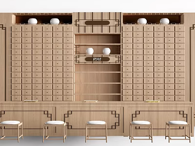 Traditional Chinese Style Wooden Chest of Drawers with Multiple Drawers Open Shelf and White Ornaments 3d model