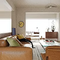 Modern Living and Dining Room Interior with Dining Table Sofa Wall Art and Pendant Light