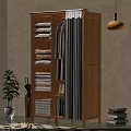 Wooden Wardrobe Interior with Shelves Hanging Clothes and Folded Towels Storage