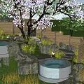 Japanese Onsen Hot Spring Pool With Rocks And Red Leaf Trees