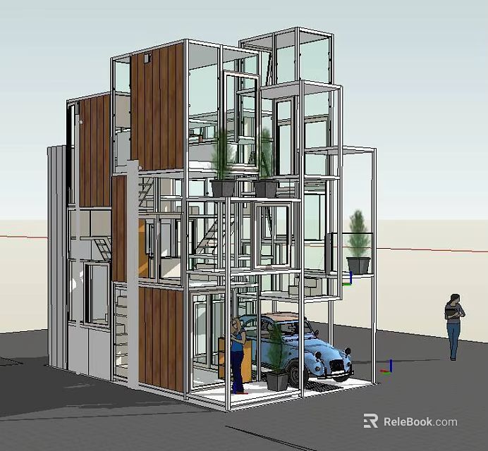 Modern Single Family Villa With Glass Walls Wooden Panels And Car Parking 3d model 