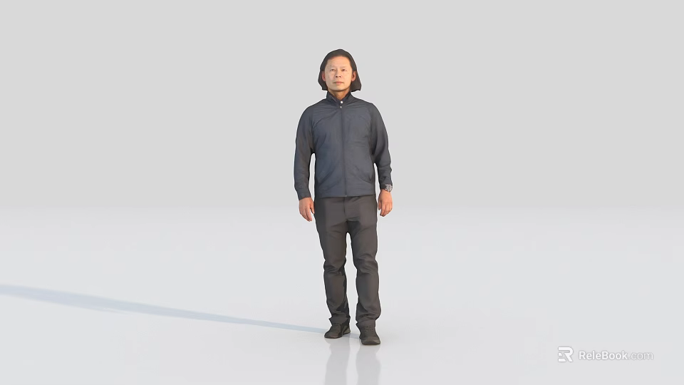 Man Standing Against White Background Wearing Dark Jacket Pants And Shoes 3d model 