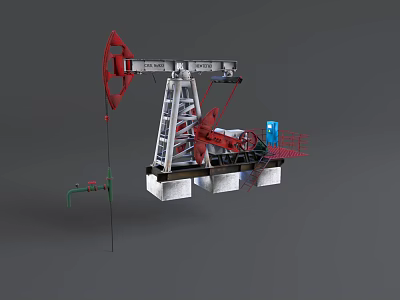 Oil Drilling Equipment Pumpjack with Red Wheel Steel Frame Structure Base Platform and Piping 3d model