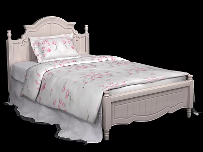 White Carved Double Bed With Pink Floral Bedding And Ruffled Bed Skirt 3d model
