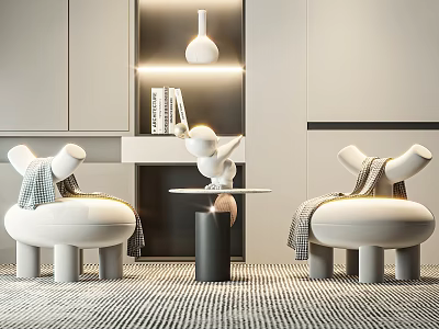 Modern White Accent Chairs Interior Design With Blankets Side Table Cabinet And Striped Rug 3d model