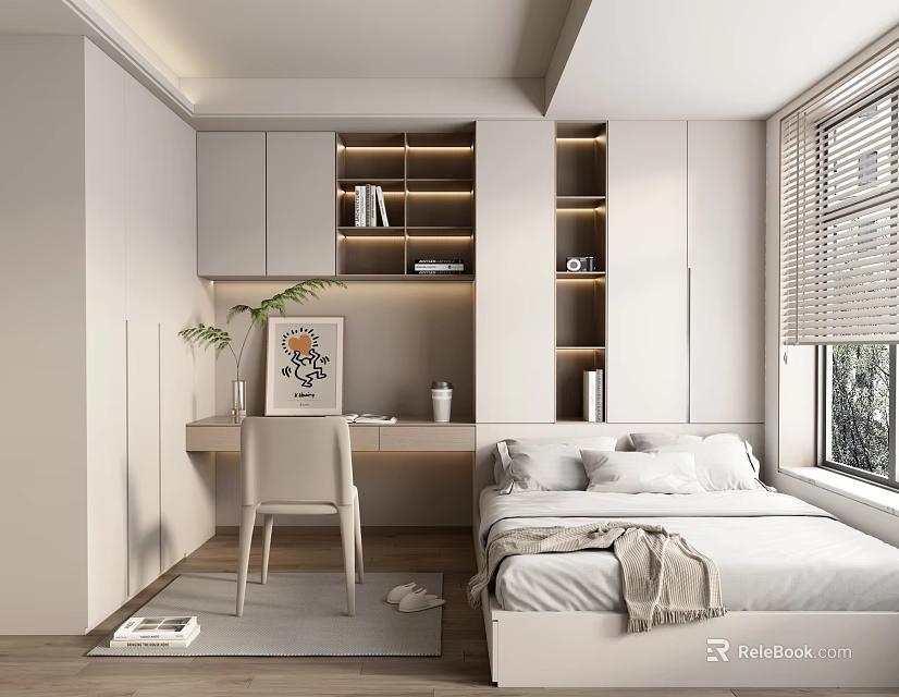 Modern Tatami Bedroom Interior Design With Built In Storage Desk And Window 3d model 