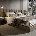 Modern Bedroom With Wooden Panel Walls King Size Bed Hanging Lights And Floor Windows