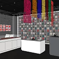 Contemporary Exhibition Space With Colorful Hanging Installations White Display Counters And Red Wall Art