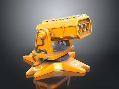 Orange Industrial Mechanical Device With Multiple Circular Components And Reflective Base 3d model