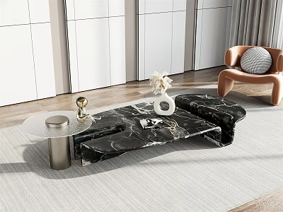 Black Marble Coffee Table With Metal Side Table White Vase And Flowers In Modern Interior 3d model