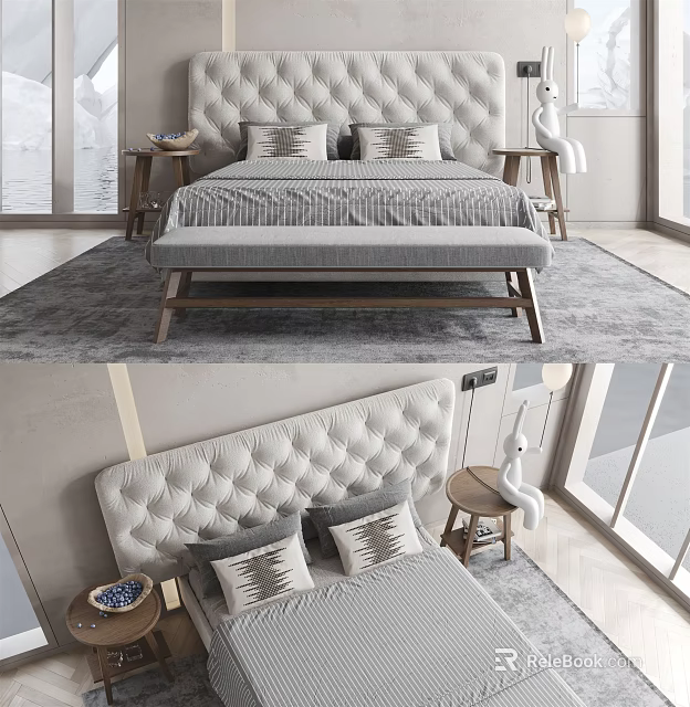 Double Bed With Tufted Headboard Gray Bedding Decorative Pillows And Bench At Foot 3d model 