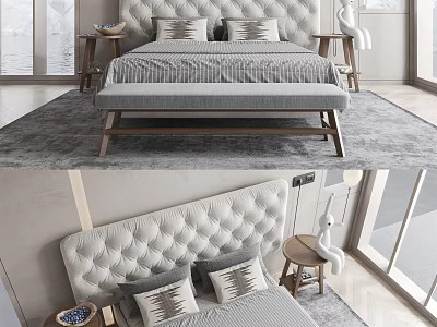 Double Bed With Tufted Headboard Gray Bedding Decorative Pillows And Bench At Foot 3d model