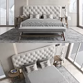 Double Bed With Tufted Headboard Gray Bedding Decorative Pillows And Bench At Foot